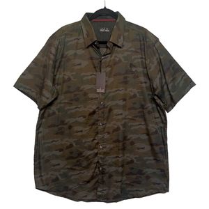 PUBLIC RECORD Green Camo Praying Print Short Sleeve Button Front Shirt 2XL NWT